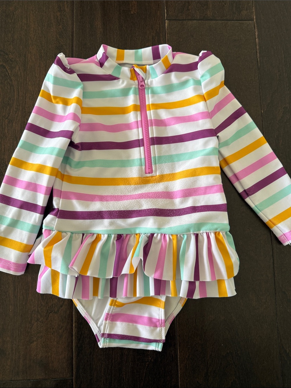Girls' Long Sleeve Striped Rash Guard Swimsuit - Pink, Purple, Yellow, Mint